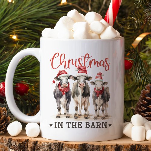 Christmas in the Barn Rustic Cows in Santa Hats Coffee Mug