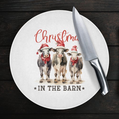 Christmas in the Barn Rustic Cows in Santa Hats Cutting Board