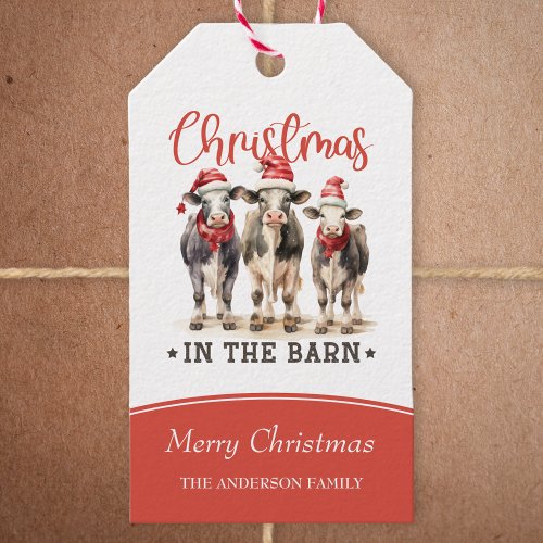 Christmas in the Barn Rustic Cows in Santa Hats Gift Tags