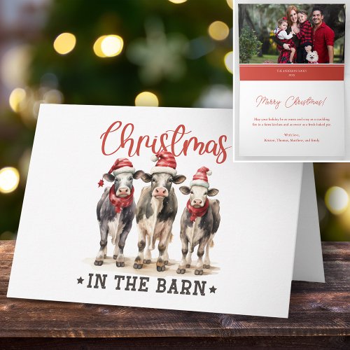 Christmas in the Barn Rustic Cows in Santa Hats Holiday Card