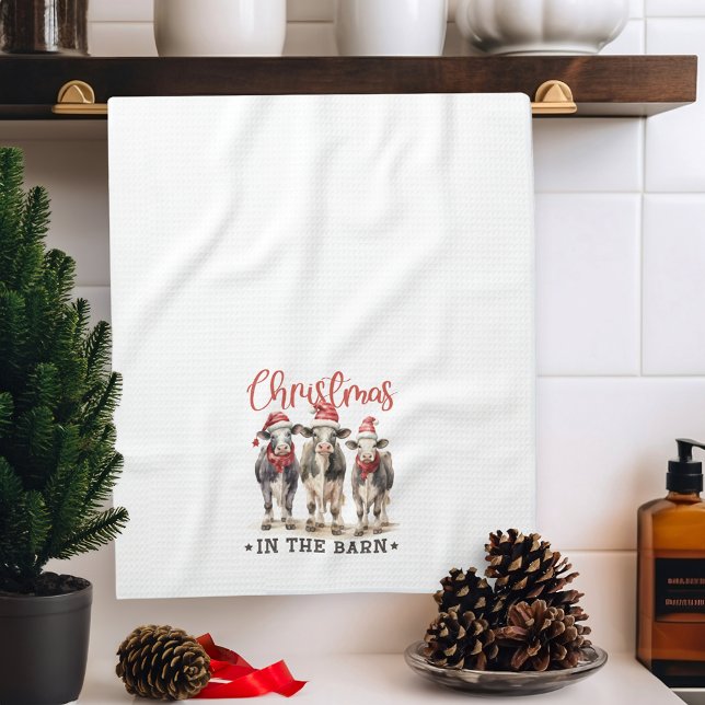 Christmas in the Barn Rustic Cows in Santa Hats Kitchen Towel (Creator Uploaded)