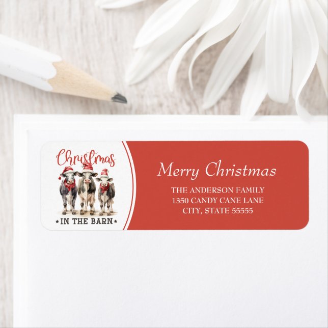 Christmas in the Barn Rustic Cows in Santa Hats Label (Insitu)