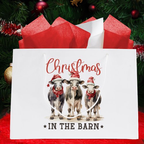 Christmas in the Barn Rustic Cows in Santa Hats Large Gift Bag