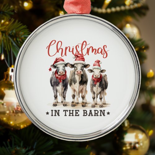 Christmas in the Barn Rustic Cows in Santa Hats Metal Ornament