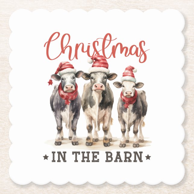 Christmas in the Barn Rustic Cows in Santa Hats Paper Coaster (Front)