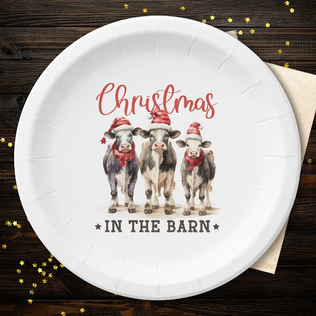 Christmas in the Barn Rustic Cows in Santa Hats Paper Plates (Creator Uploaded)