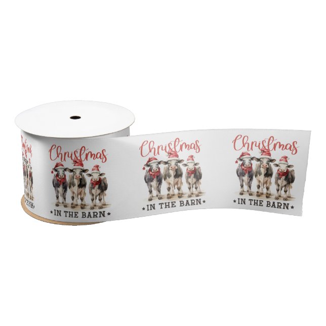 Christmas in the Barn Rustic Cows in Santa Hats Satin Ribbon (Spool)