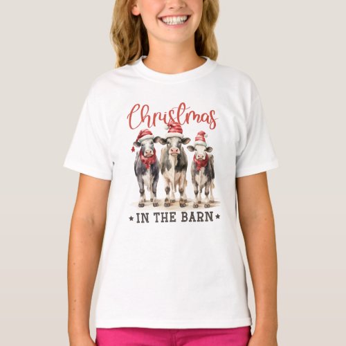 Christmas in the Barn Rustic Cows in Santa Hats T_Shirt