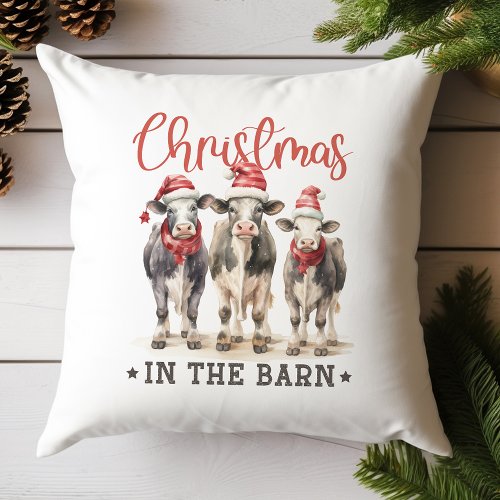 Christmas in the Barn Rustic Cows in Santa Hats Throw Pillow