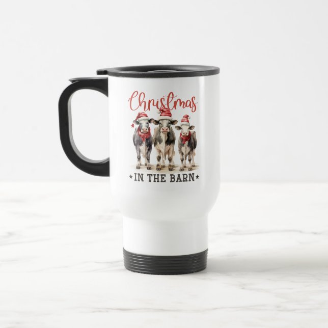 Christmas in the Barn Rustic Cows in Santa Hats Travel Mug (Left)