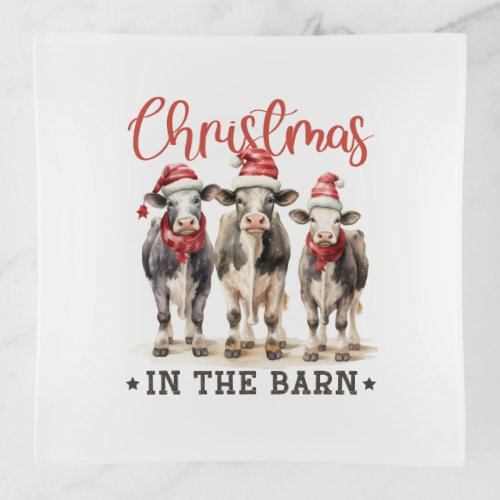 Christmas in the Barn Rustic Cows in Santa Hats Trinket Tray