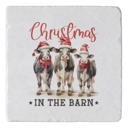 Christmas in the Barn Rustic Cows in Santa Hats Trivet
