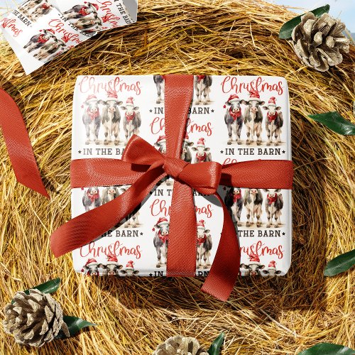 Christmas in the Barn Rustic Cows in Santa Hats Wrapping Paper