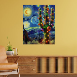 Christmas in the Desert Saguaro Cactus Blue Green Poster