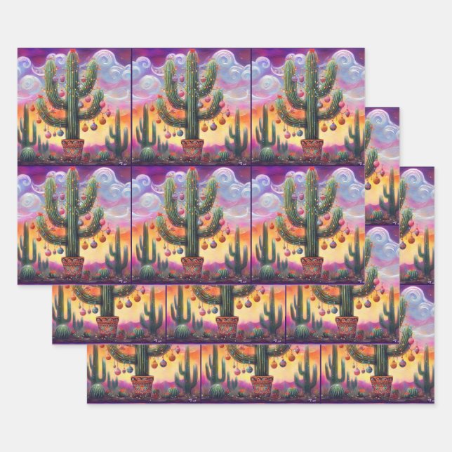Christmas in the Desert Saguaro Cactus Decoupage Wrapping Paper Sheets (Set)