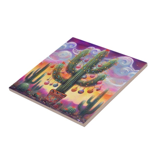 Christmas in the Desert Southwest Saguaro Cactus Ceramic Tile (Side)