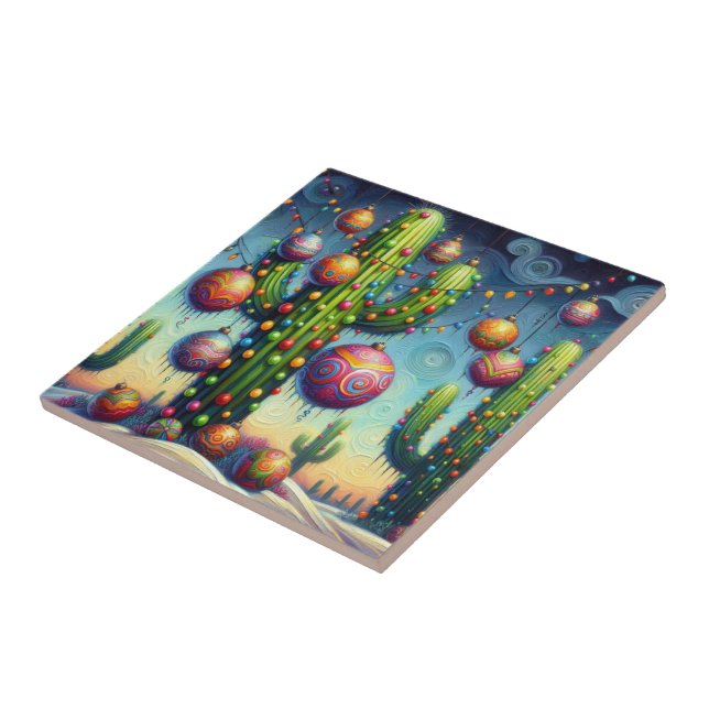 Christmas in the Desert Southwest Saguaro Cactus Ceramic Tile (Side)