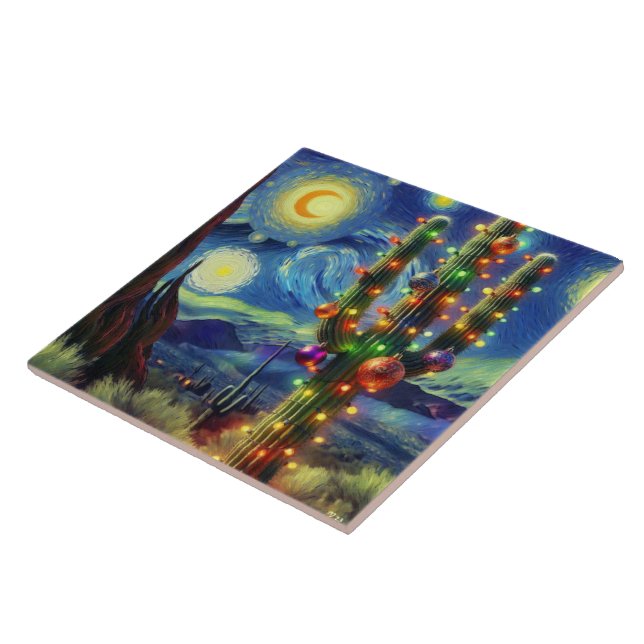 Christmas in the Desert Southwest Saguaro Cactus Ceramic Tile (Side)