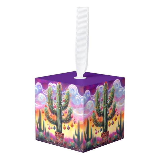 Christmas in the Desert Southwest Saguaro Cactus Cube Ornament (Front Angled)