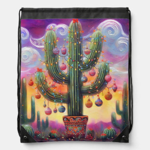 Christmas in the Desert Southwest Saguaro Cactus Drawstring Bag