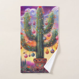 Christmas in the Desert Southwest Saguaro Cactus Hand Towel