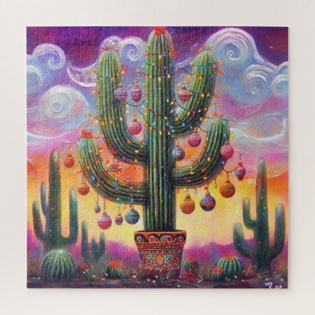 Christmas in the Desert Southwest Saguaro Cactus Jigsaw Puzzle (Vertical)