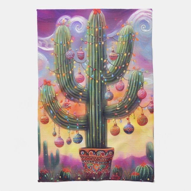 Christmas in the Desert Southwest Saguaro Cactus Kitchen Towel (Vertical)