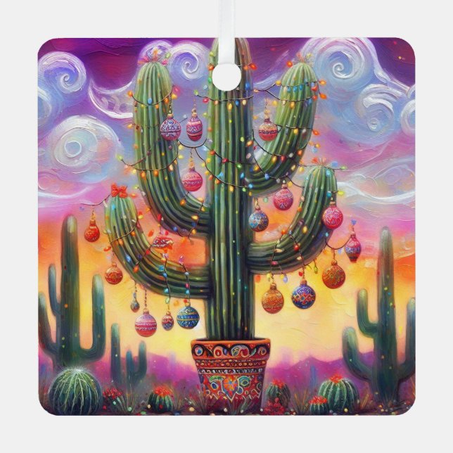 Christmas in the Desert Southwest Saguaro Cactus Metal Ornament (Front)