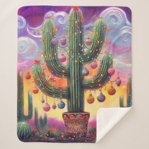 Christmas in the Desert Southwest Saguaro Cactus Sherpa Blanket