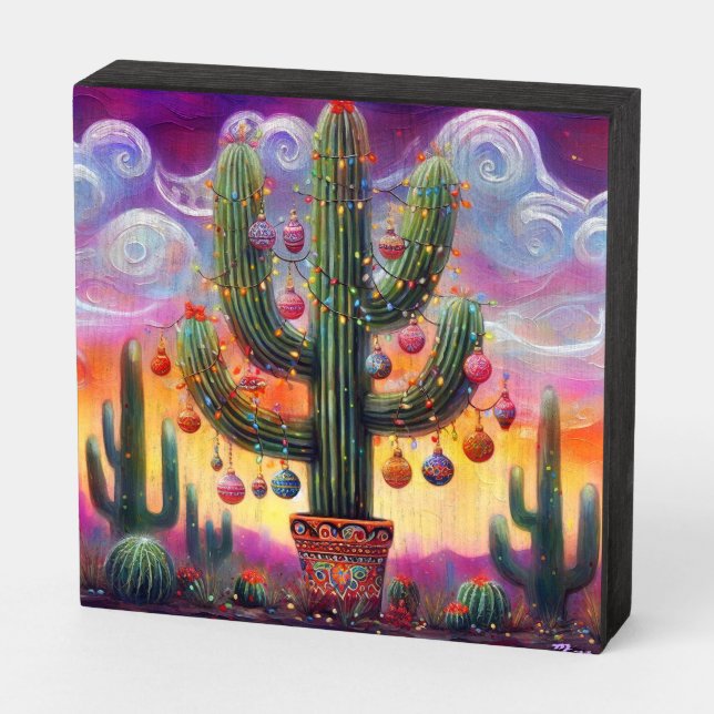 Christmas in the Desert Southwest Saguaro Cactus Wooden Box Sign (Angled Horizontal)