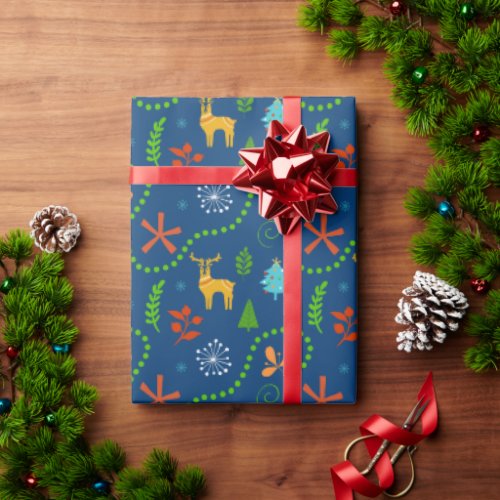 Christmas In The Forest Pattern on Blue Wrapping Paper