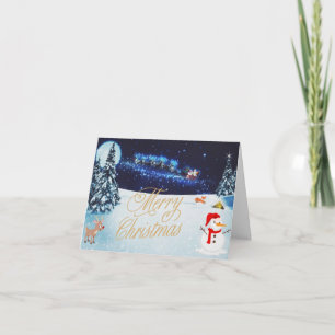 Christmas in the Forest with Santa Sleigh, Snowman Card