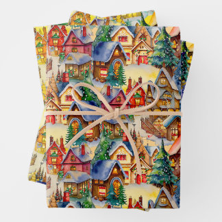 Christmas in Whimsical Village in various lights Wrapping Paper Sheets