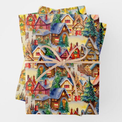 Christmas in Whimsical Village in various lights Wrapping Paper Sheets