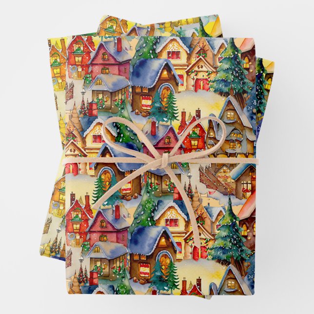 Christmas in Whimsical Village in various lights Wrapping Paper Sheets (In situ)