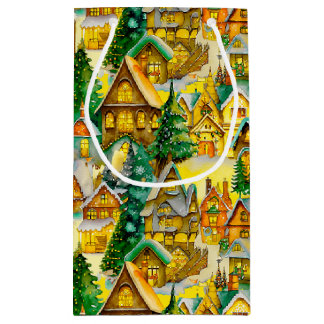 Christmas in Whimsical Village Watercolor Pattern Small Gift Bag