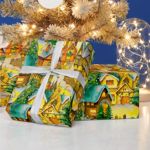 Christmas in Whimsical Village Watercolor Pattern Wrapping Paper