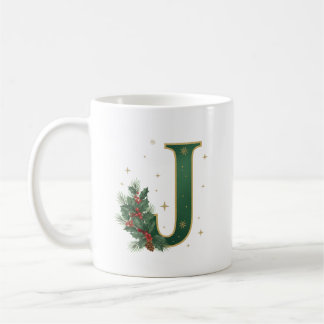 Christmas Initial J Holly Botanical Coffee Mug