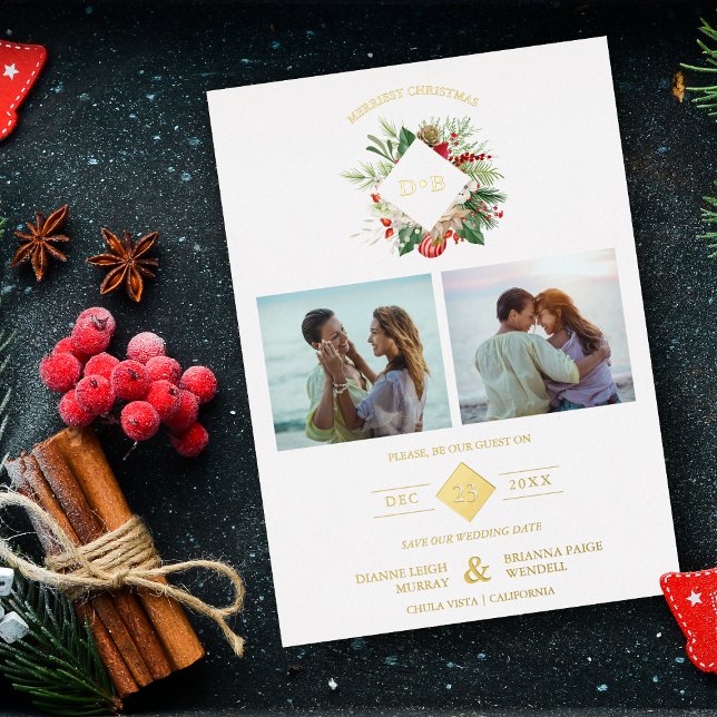 Christmas Initials Floral 2 Photos Collage Fancy Foil Invitation (Creator Uploaded)