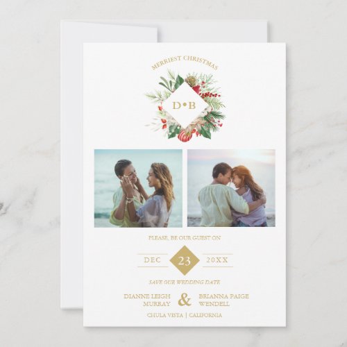 Christmas Initials Floral 2 Photos Collage Fancy Save The Date