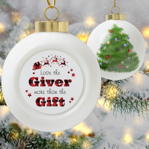 Christmas Inspirational Quote Rustic Plaid Santa Ceramic Ball Christmas Ornament