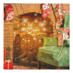 Christmas interior room fireplace, Christmas tree, Faux Canvas Print
