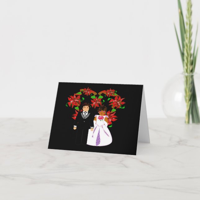 Christmas Interracial Wedding Couple Heart Wreath Holiday Card (Front)