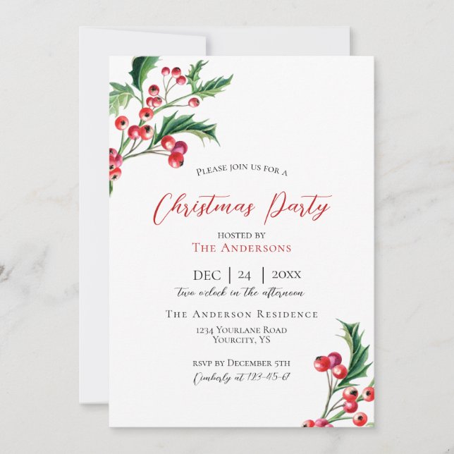 Christmas invitation party invite winter berries (Front)