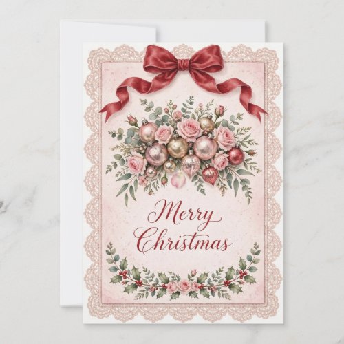 Christmas Invitation | Vintage Pink Lace Bow Merry