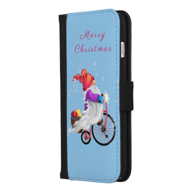 Christmas iPhone Wallet Case Gift Gnome with Bike (Left)