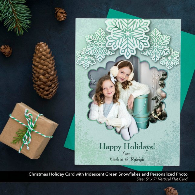Christmas Iridescent Green Snowflake Photo Holiday (Christmas Holiday Card with Iridescent Winter Green Snowflakes & Personalized Photo-5"x7" Flat Card)
