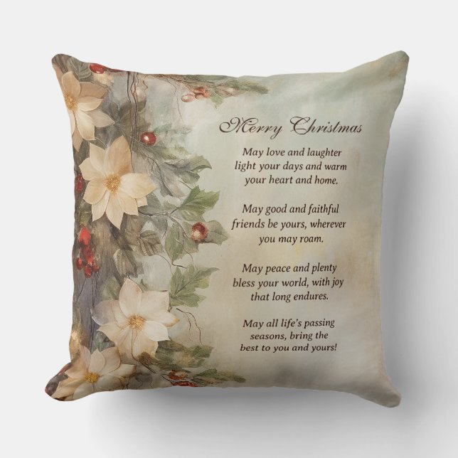 Christmas Irish Blessing | Pretty Winter Flowers Throw Pillow (Front)