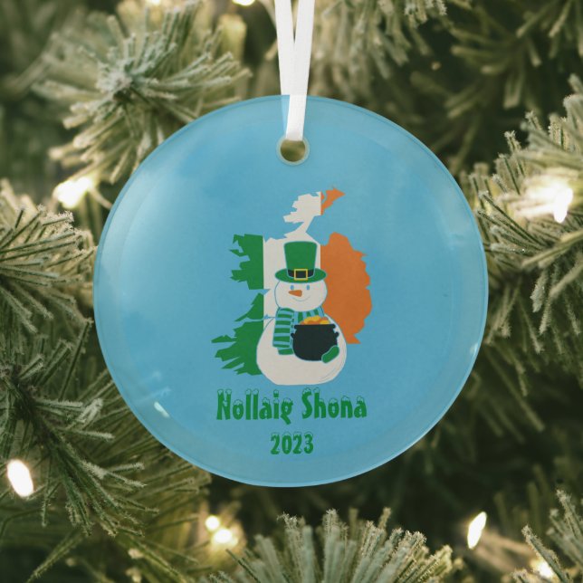 Christmas Irish Flag Snowman Glass Ornament (Insitu)
