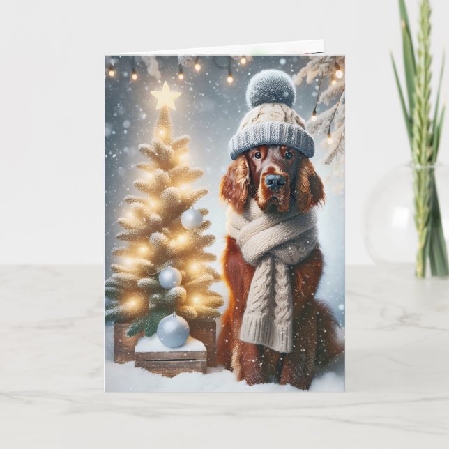 Christmas Irish Setter In Snowflakes Card (Front)